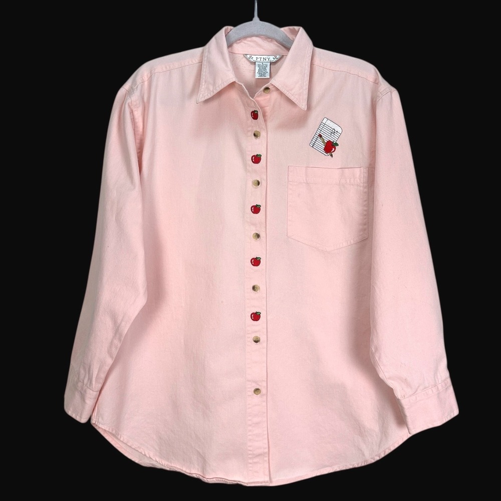 PTNY Pink Cotton Teacher Shirt Embroidered Apples Notebook A+ Vintage Large - Picture 7 of 7
